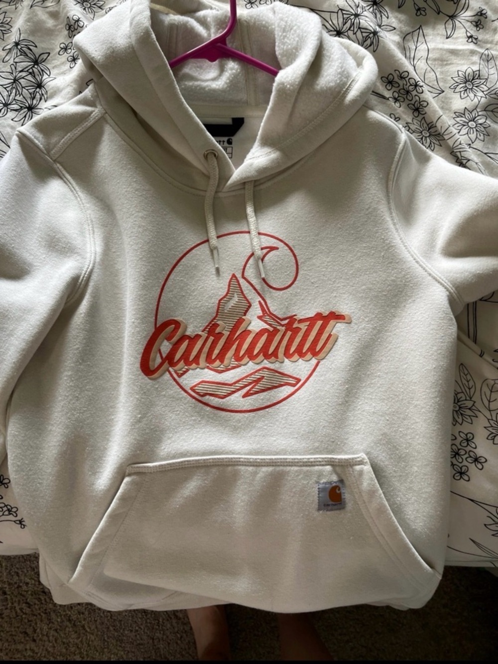 Carhartt Off-White Hoodie with Coral/orange Accent